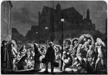 Nachtelijke bevoorrading van de Parijse hallen, nabij de kerk van Saint Eustache