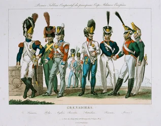 Noord-Europese Grenadier Officier Uniformen, uitgegeven door DEstampes, Parijs, ca. 1815