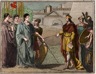 Numa Pompilius, legendarische tweede koning van Rome, retourneert het heilige schild aan de priesters van Mars.