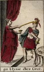 Odyssee van Homerus: de held Odysseus bij Circe de tovenares. Achter hem zijn metgezellen die zij in varkens veranderde. Uit 
