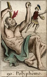 Odysseus (of Ulysses) verblindt de cycloop Polyphemus, uit „Mythologie de la Jeunesse“ van Pierre Blanchard