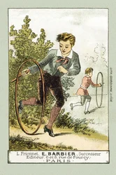 Op vrije dagen spelen Leon en Lucien met de hoepel - in "Alphabet des petits savants", eind 19e eeuw (chromolithografie)