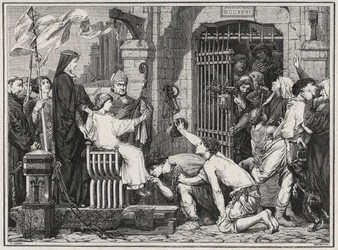 Bij gelegenheid van zijn toekomst (1227), bevrijdt de jonge Lodewijk IX gevangenen - gravure in 