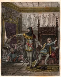 Honderdjarige Oorlog: de dauphin Karel (later Karel V) (1338-1380), de eerste dauphin van Frankrijk, en Étienne Marcel (1302/1310-1358), die twee ministers, de maarschalken Robert de Clermont en Jean de Conflans, vermoordde in de kamer van de Franse