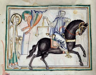 Opening van het derde zegel: een ridder op een zwart paard met een weegschaal die armoede en hongersnood symboliseert. Miniatuur uit “De Apocalyps van Cambrai”, verlucht door de Franse School van de 13e eeuw. Ms. 422. Gemeentebibliotheek, Cambrai