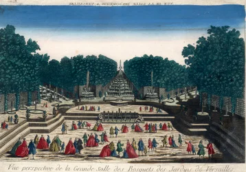 Optisch uitzicht: Perspectief van de grote zaal van de bossen van de tuinen van Versailles. Gravure uit de 18e eeuw.