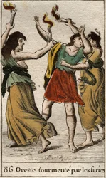Orestes achtervolgd door de Erinyen (of Furiën) omdat hij de dood van zijn vader Agamemnon wreekte door zijn moeder Klytaimnestra te doden. Uit „Mythologie van de jeugd“ van Pierre Blanchard, 1803.