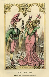 Onze Voorouders, karikatuur naar een aquarel van 1330. In “Histoire de France Tintamarresque” door Touchatout, Parijs