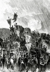 Pacifistische demonstratie op de vestingwerken door vrijmetselaars op 28 april 1870 om het bombardement van Parijs te eisen, uit Le Monde Illustré, 5 mei 1870