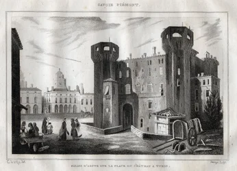 Paleis van Aosta op de Place du Chateau in Turijn - Gravure uit 