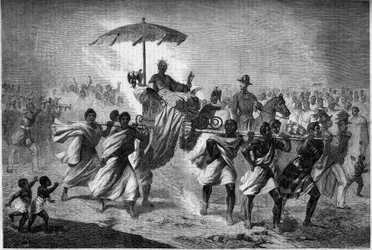 Palanquinwandeling van de koningin van Madagaskar Raboude (Rasoherina) (1818-1868), vrouw van Radama II. Gravure in "Le Monde Illustré" n°303 van 31 januari
