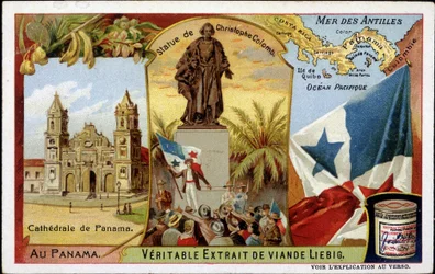 Panama: de kathedraal, het standbeeld van Columbus, de vlag - chromo.