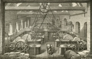 Papier maken: bleken van lompenpulp. Gravure ca. 1870