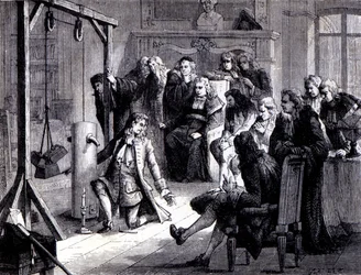 Papin (1647 - 1714) experimenteert met zijn poedermachine voor de professoren van de Universiteit van Marburg - in 