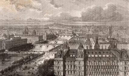 Parijs - de Seine - de Bruggen - uitzicht vanaf de toren Saint-Gervais - gravure in 