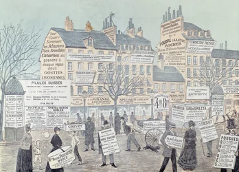 Parijse straat met veel advertenties, voornamelijk voor medicijnen, 1885 (kleurgravure)
