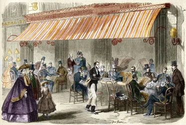 Parijs in de 19e eeuw. De boulevard des Italiens in 1859: buiten het café Helder om vijf uur 