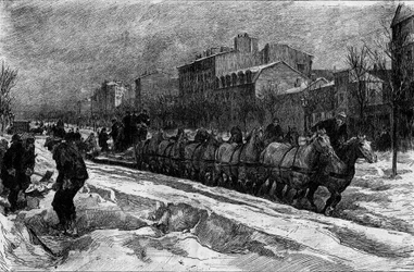 Parijs onder de sneeuw, winter 1879-1880: de ijsploeg van Boulevard Montparnasse. Gravure in "Le Monde Illustré" n°1188 van 3 januari