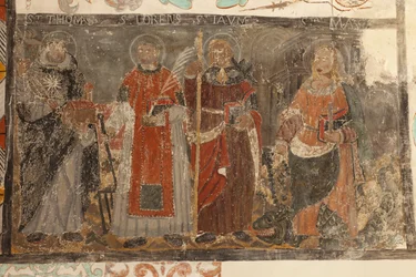 Parochiekerk (Església de la Mare de Déu de Solers). Interieur. De beuken. Muurschilderingen. (detail) 16e eeuw (?)