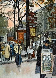 Parijse straatscène nabij het metrostation Palais-Royal, c.1900