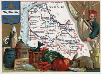 Pas-de-Calais (62), Nord-Pas-de-Calais, Frankrijk. Plaatselijke specialiteiten: zwarte zeep, vuile vis, cider en tabak. Reeks over de Franse departementen. Chromolithografie (chromo) “de geografische draad”, circa 1920. Privécollectie.