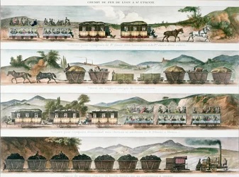 Passagiers en vracht op de eerste Franse lijn geopend tussen Lyon en St. Etienne, 1829 (kleur litho)