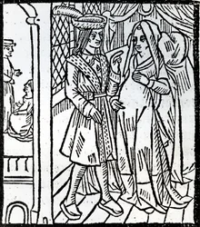 Pathelin en Guillemette, uit De Farce van Meester Pierre Pathelin, ca. 1465