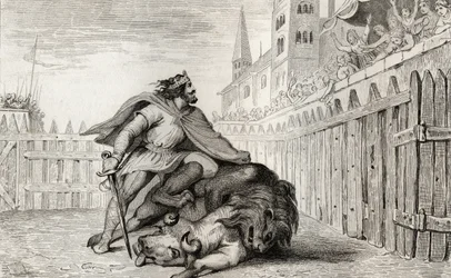 Pepijn III (714-68) de Korte met de leeuw en de stier, uit 