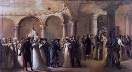 Peristyle bij Théâtre-Français in Parijs, ca. 1822 (kleur litho)