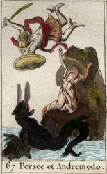 Voorstelling van Perseus die Andromeda komt redden, geketend aan een rots. Uit 