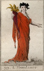 Personificatie van Overvloed, met een hoorn des overvloeds. Uit “Mythologie de la jeunesse” door Pierre Blanchard 1803.