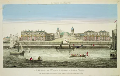 Perspectief Zicht op Greenwich Hospital aan de Theems, gegraveerd door Huquier