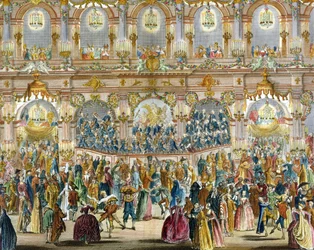 Perspectiefweergave van de balzaal, gebouwd in de binnenplaats van het stadhuis