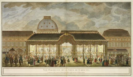Perspectief Zicht op de Carrouselkamer, gebouwd voor de gelegenheid van het huwelijk van Monseigneur Le Dauphin, gegraveerd door Oubrier