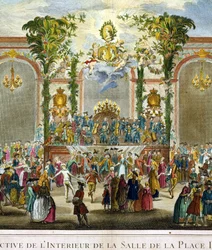 Perspectiefweergave van het interieur van de kamer van de Place Dauphine