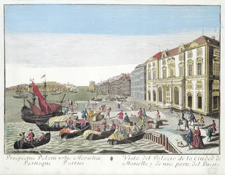 Perspectief van het Stadhuis en een deel van de haven van Marseille, ca. 1770