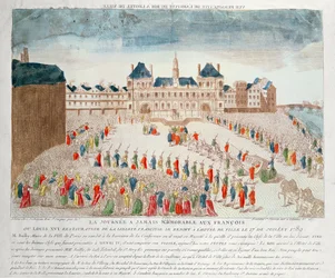 Perspectiefweergave van de aankomst van Lodewijk XVI (1754-93) in het Hôtel de Ville, 17 juli 1789