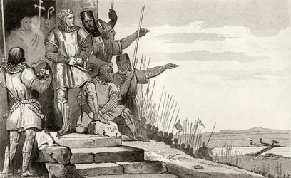 Philippe II Auguste (1165-1223) wint de Slag bij Bouvines na gebed, uit 