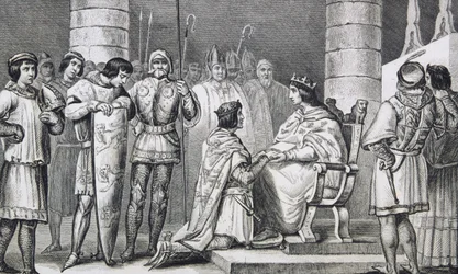 Philippe VI (1293-1350) de Valois brengt hulde aan Edward III (1312-77) van Engeland maar alleen als hertog van Aquitanië, uit 