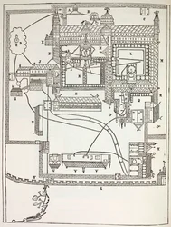 Plan van het Benedictijnenklooster in Canterbury in de 12e eeuw, uit Militair en Religieus Leven in de Middeleeuwen door Paul Lacroix, gepubliceerd in Londen ca. 1880