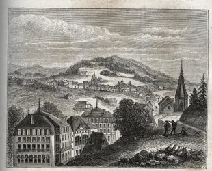 Plombières-les-Bains kuuroord van de Vogezen - gravure in 