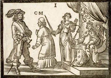 Politieke pamfletten Mazarinade: Mazarin verbannen door Justitie en Sling, verlaat de Koning (Lodewijk XIII). Gegraveerd hout 1651
