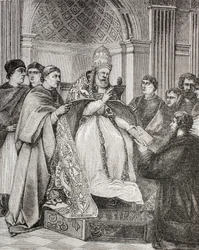 Paus Gregorius IX overhandigt de Decretalen aan een advocaat van het Consistorie, uit 