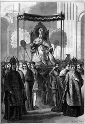 Paus Pius IX (1792-1878) wordt processiegewijs naar de kerk van Sint-Pieter in Rome (Italië) gebracht op Palmzondag in 1861. Gravure in 