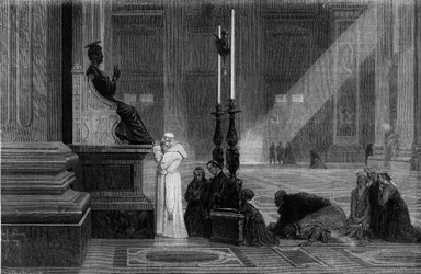 Paus Pius IX (1792-1878) bad bij het standbeeld van Sint-Pieter in de Sint-Pietersbasiliek in Rome. Gravure uit 