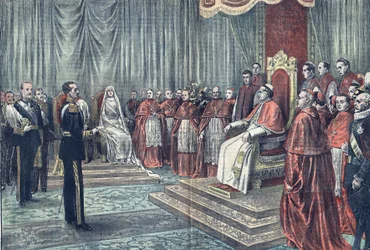 Paus Pius XI ontvangt in plechtige audiëntie de heersers van Spanje, in 