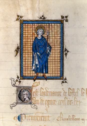 Ten voeten uit afgebeeld portret van de heilige Lodewijk in majesteit (Lodewijk IX) (1214-1270). Miniatuur uit het "Register van verordeningen van de hofhouding van de koning". Parijs, Nationaal Archief