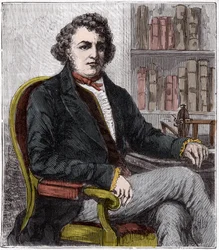 Portret van Andre Marie Ampere (1775-1836) Franse natuurkundige - Andre-Marie Ampere (1775-1836), Franse natuurkundige en pionier van de elektrodynamica - Gravure in "Wetenschappen binnen het bereik van iedereen - natuurkunde en chemie populair" door Alexi