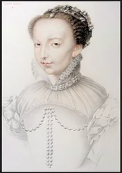 Portret van Catherine de Medici (1519-89), facsimile van een 16e-eeuwse tekening uit Portretten van de Beroemdste Franse Persoonlijkheden van de 16e Eeuw, door P.G. Niel, Parijs, 1848