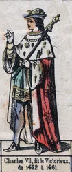 Portret van Karel VII van Frankrijk, bekend als Karel de Overwinnaar of Karel de Goed Gediend (Capetische dynastie). Illustratie eind 19e eeuw.